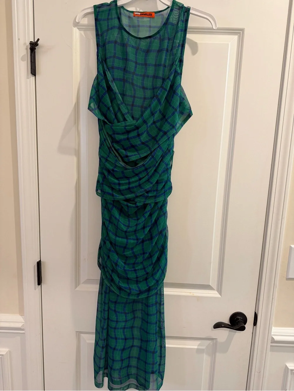 Simon Miller Kinny Ruched Plaid Mesh Midi Dress Anthropologie Green Blue- Size L - Picture 13 of 13